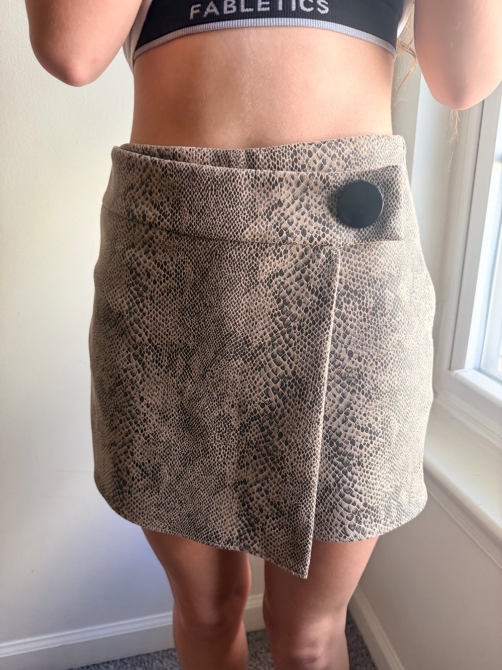 Zara Beige Snake-Print Mini Skirt with Large Button